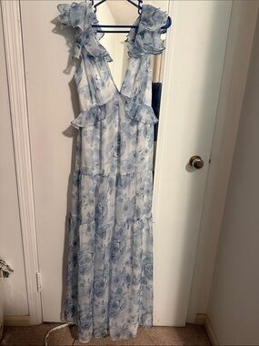Aqua Floral Ruffle Maxi Dress in Light Blue and White